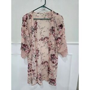 Wall Flower Kimono Lightweight Floral Print Crochet Lace Trim Cardigan Women S